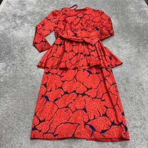 Caron Chicago Vintage 80s Jacquard Peplum Midi Dress Womes 14 Red Black Abstract